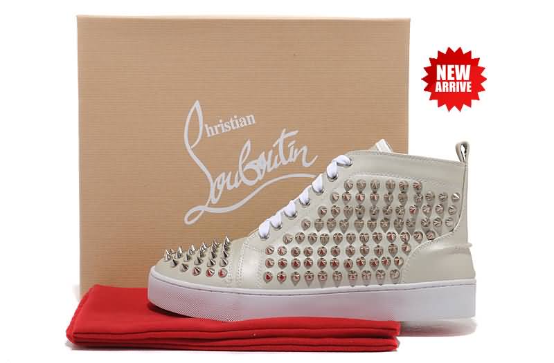 Christian Louboutin Spiked Mens Shoes Louis Flats Studded High Top Sheepskin Sneakers White