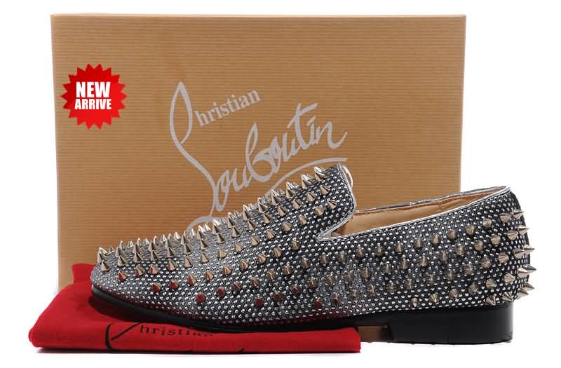Christian Louboutin Spiked Mens Shoes Rollerboy Loafers Studded Flats Grey Denim Sneakers