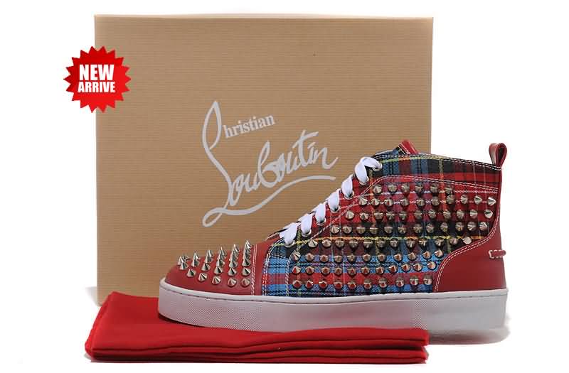 Christian Louboutin Spiked Shoes Louis Studded High Tops Sneakers Red Tartan